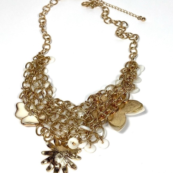 Necklace Bib Flowers Enamel Mother of Pearl Lucite Gold Tone 19”+2” NWT - Picture 7 of 10
